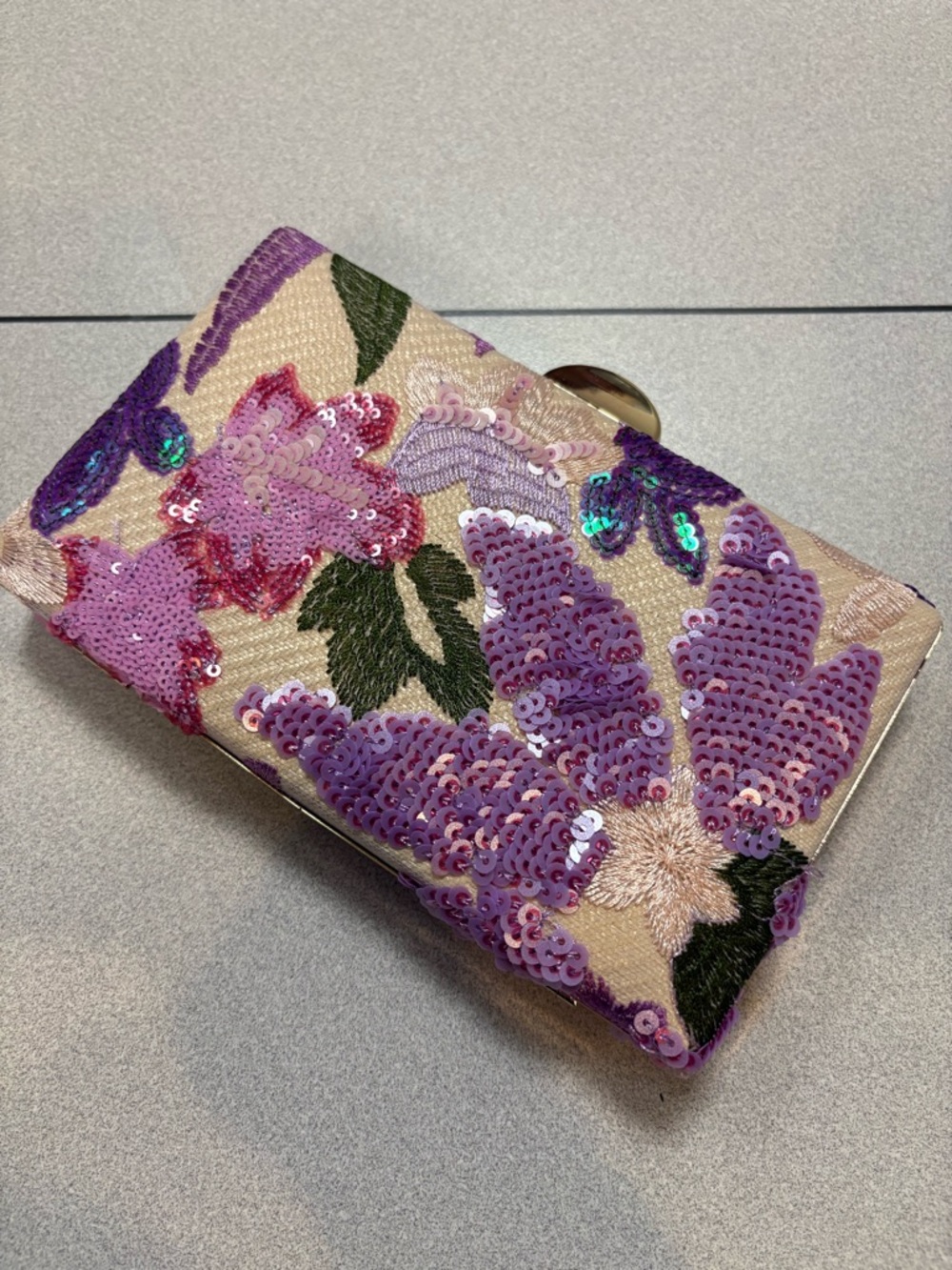 SHEIN Purple Sequin Floral Clutch with Cream Base and Green Leaf Accents